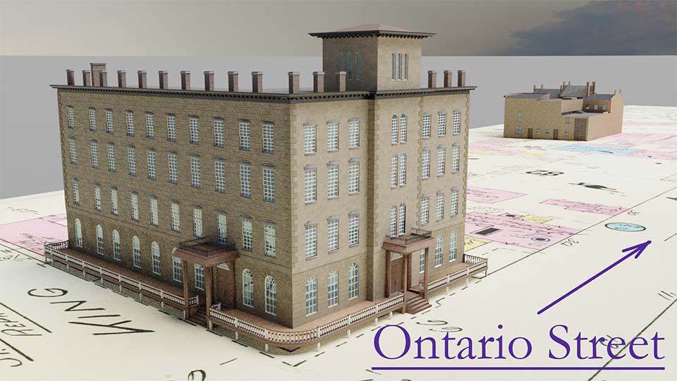 Image showing the Welland house hotel and an arrow labeled Ontario street pointing the direction Rubena will follow down the street